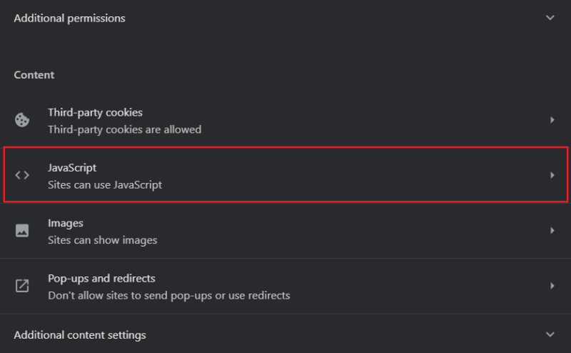 Параметр JavaScript в настройках Chrome