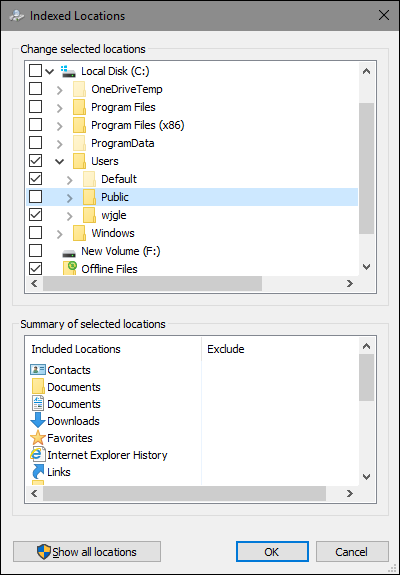 Выбор папок для индексирования — отметьте нужные папки