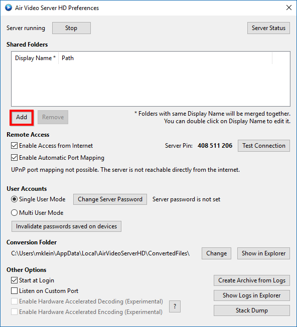 Добавление папки с медиа в Air Video Server HD