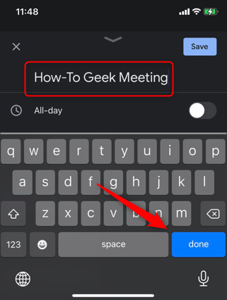 Введите название события и нажмите Готово