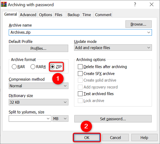 Выбор формата ZIP и создание архива.