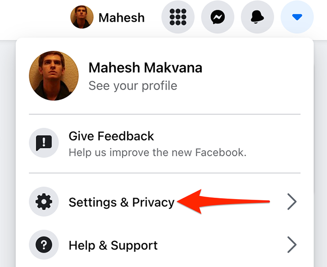 Выберите «Настройки и конфиденциальность» в меню сайта Facebook