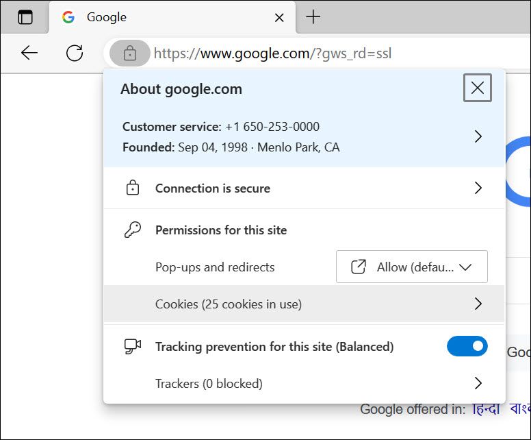Опция файлов cookie в Edge под значком замка