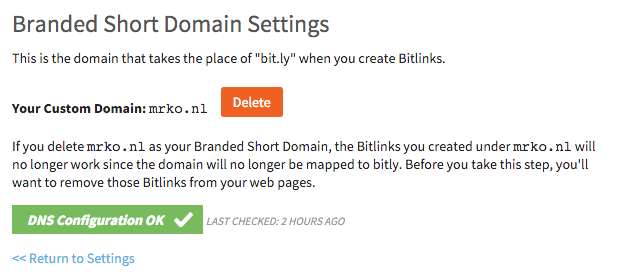 Результат успешной верификации домена в Bitly