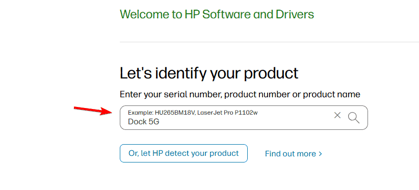 Campo de pesquisa para HP USB-C Dock 5G no site da HP