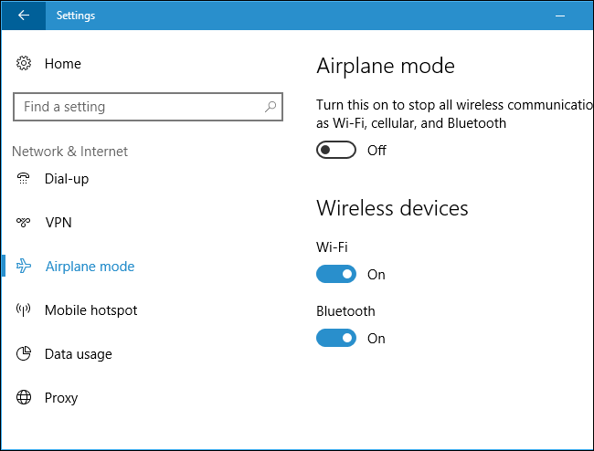 Параметры Режима в самолёте в Windows