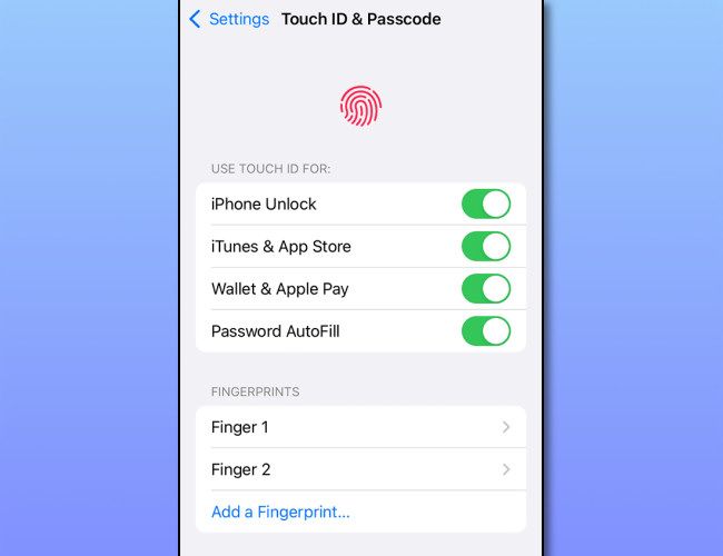 Измените параметры Touch ID в разделе 