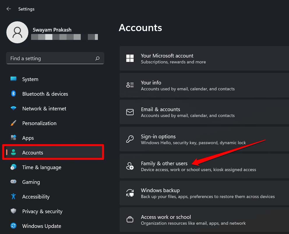 настройки учётной записи Windows