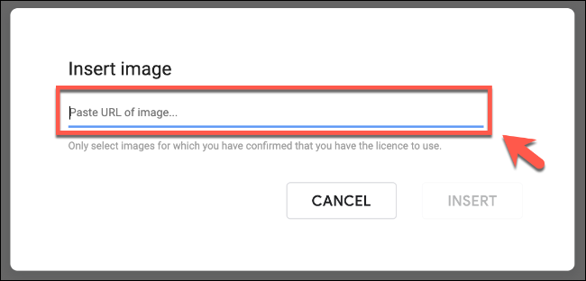 Вставьте URL изображения в поле Вставить изображение в Google Slides