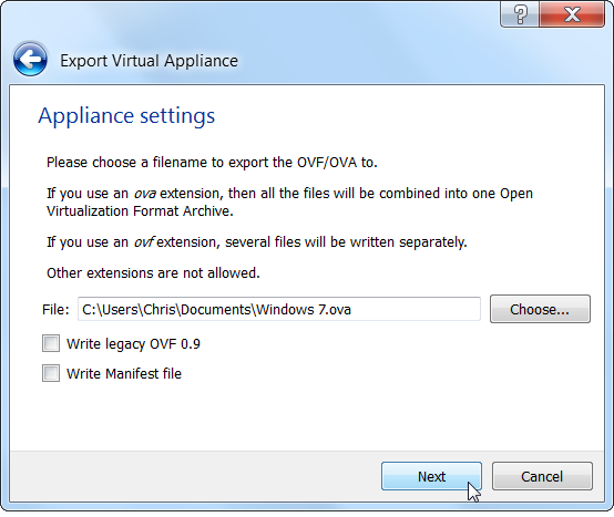 Снимок: Сохранение OVA в VirtualBox