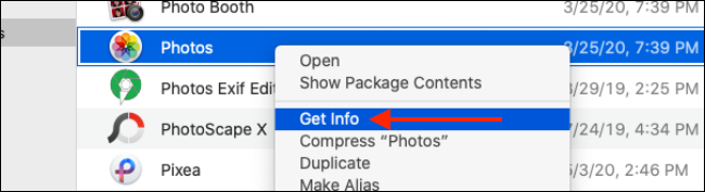 Выберите «Показать информацию» после правого клика по приложению