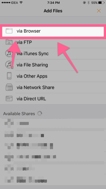 Infuse: выбор via Browser для передачи по локальной сети