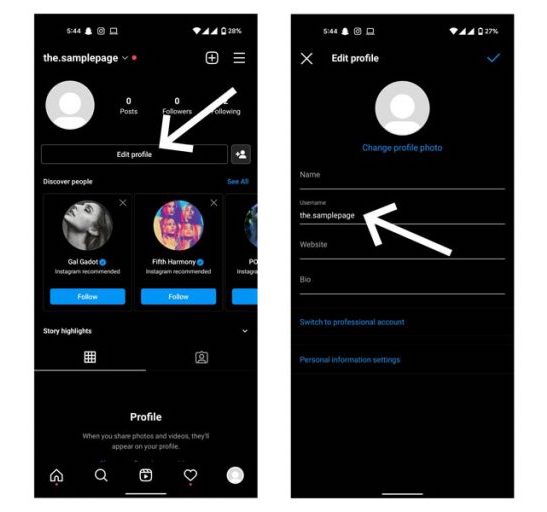 Экран редактирования профиля Instagram — смена имени пользователя