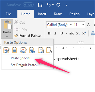Окно Paste Special с выбором Microsoft Excel Worksheet Object