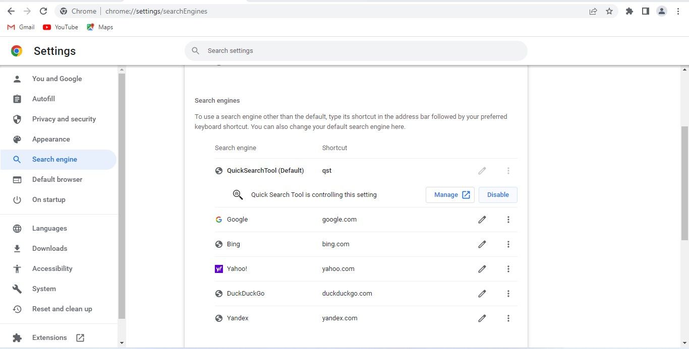 Удаление Quick Search Tool из управления поисковыми системами в Chrome
