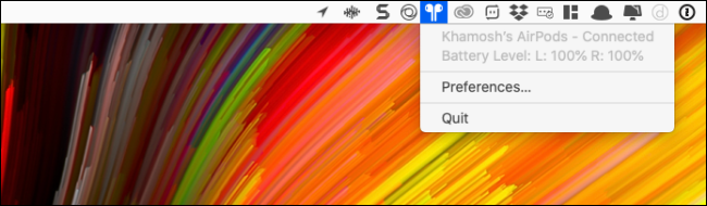 Иконка ToothFairy в строке меню показывает состояние подключения