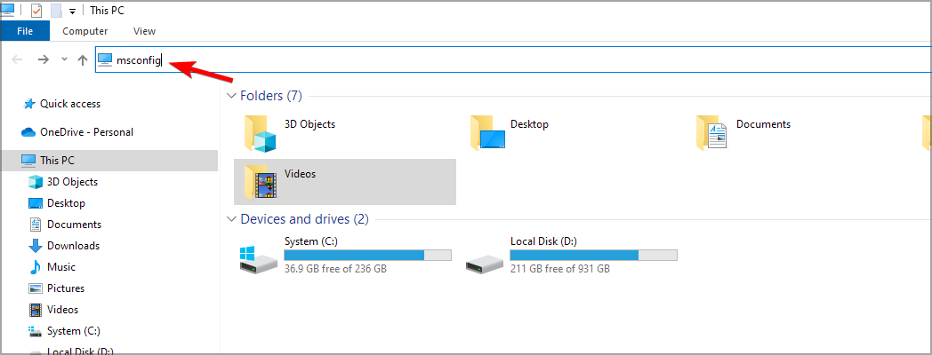Поле адреса Проводника с введённым 'msconfig'