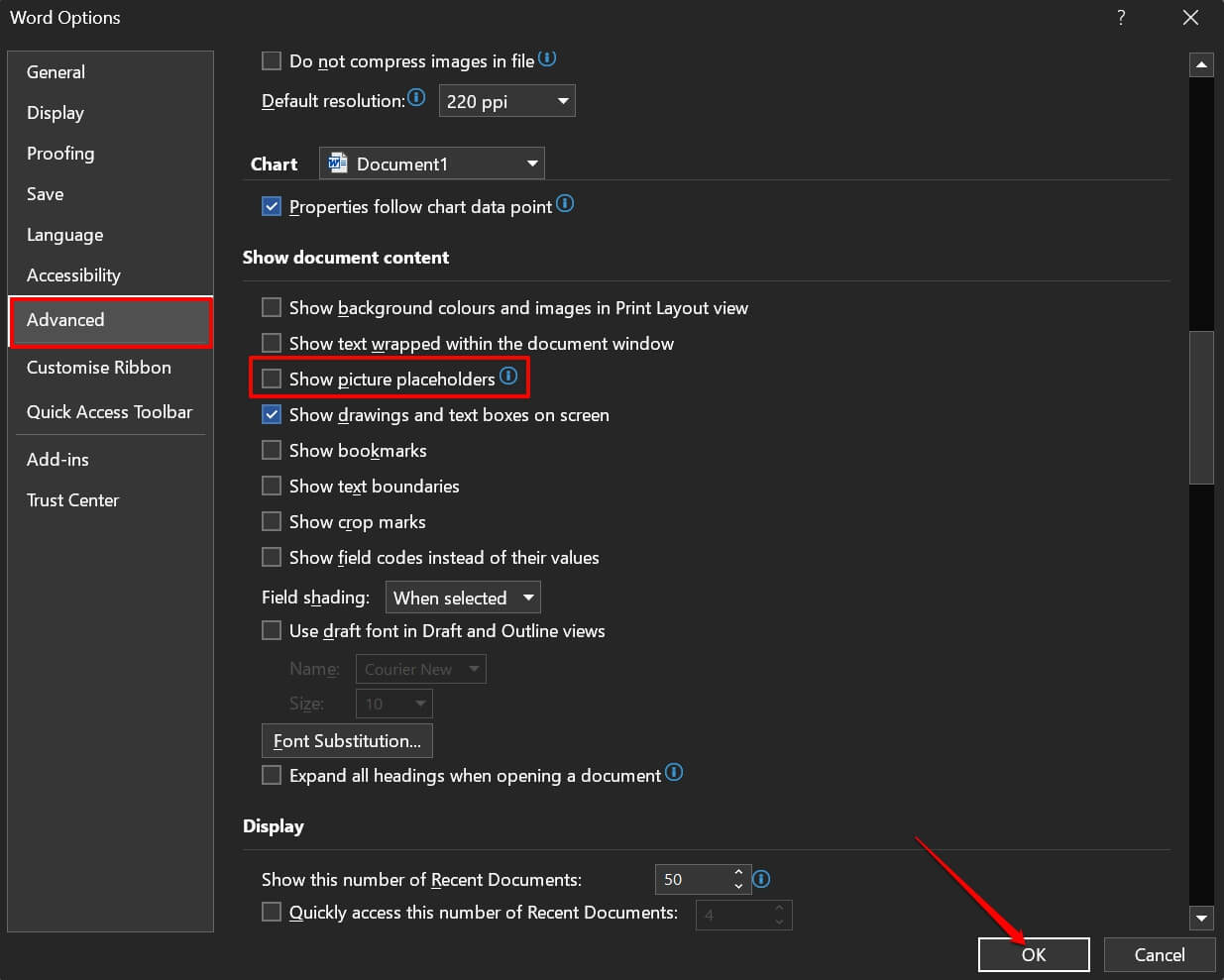 Снять галочку 'Показать заполнители изображений' в параметрах Word