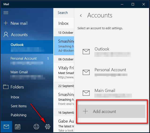 Окно добавления аккаунтов в почте Windows 10