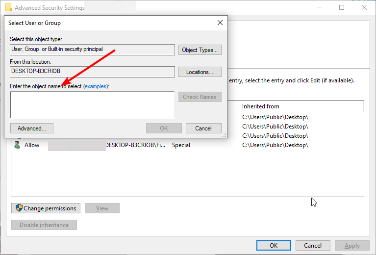 Скриншот ввода имени пользователя для смены владельца