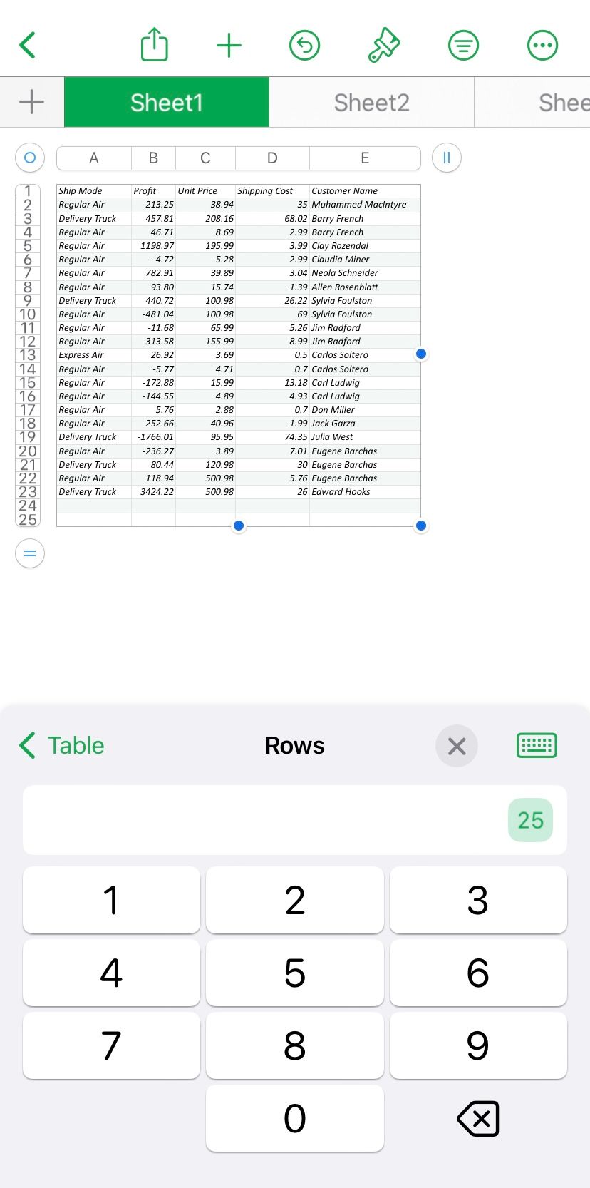 Ввод нового значения количества строк и столбцов в интерфейсе iPad