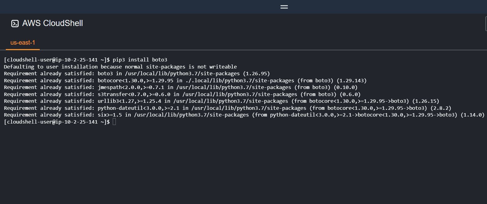 Установка boto3 в AWS CloudShell — команда pip3