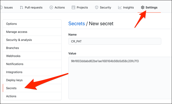 Создание секрета CR_PAT в настройках репозитория.