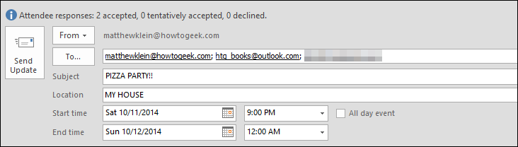 Окно изменения встречи и отправки обновления участникам