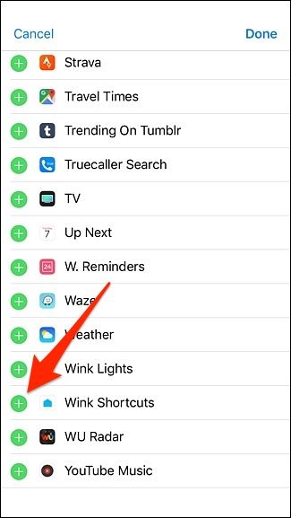 Список виджетов с выделенным элементом «Wink Shortcuts» и кнопкой добавления