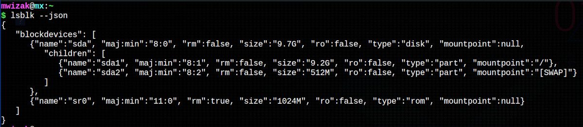 вывод lsblk в формате JSON