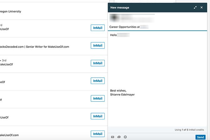 Кнопка отправки и индикатор кредитов InMail в интерфейсе LinkedIn