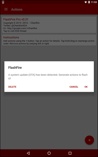 Скриншот списка действий перед прошивкой