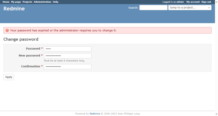 Смена пароля в Redmine