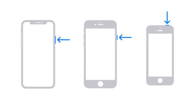 Схема с аппаратными кнопками, которые нужно нажать, чтобы заблокировать iPhone.