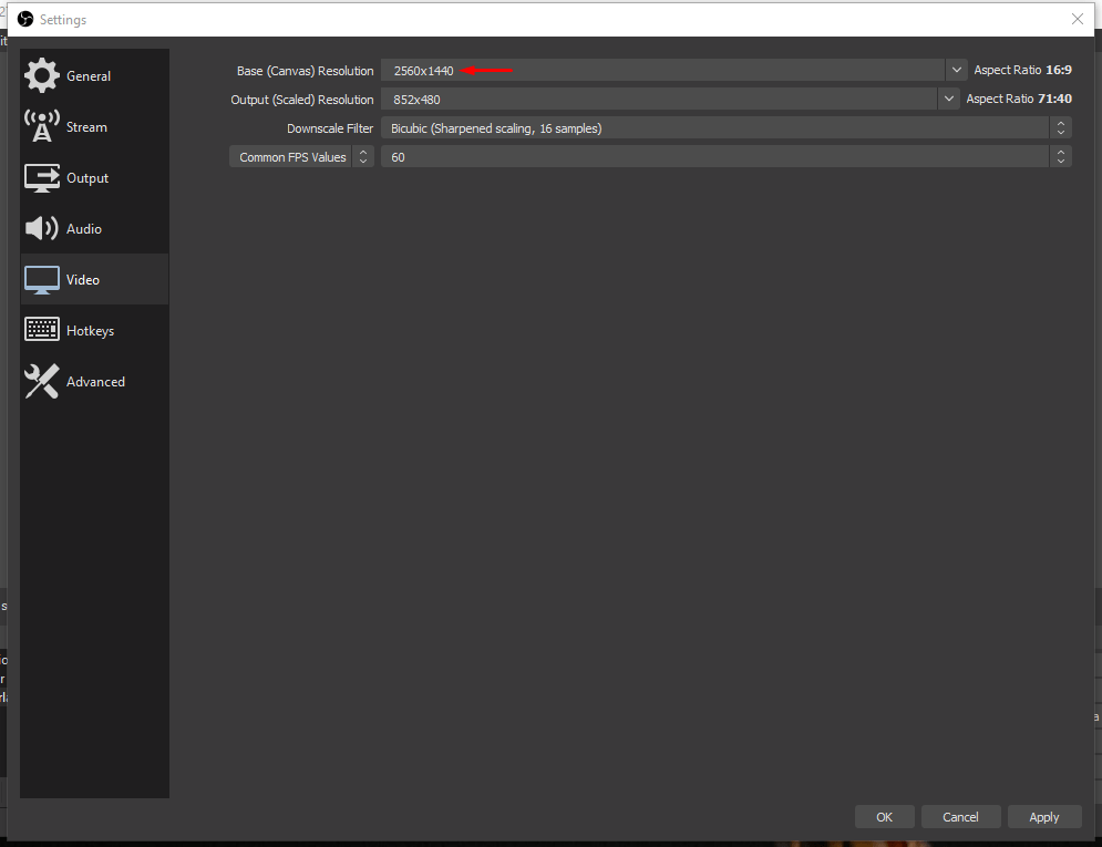 Настройки видео: Base (Canvas) Resolution равна разрешению монитора