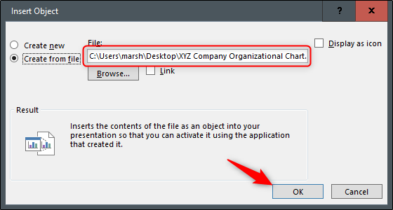 Путь к файлу Excel в окне вставки объекта PowerPoint