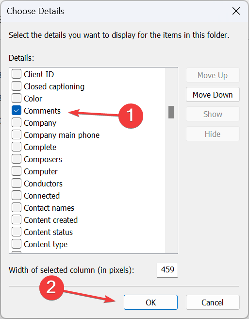 Окно выбора столбцов: отмечен пункт «Комментарии»