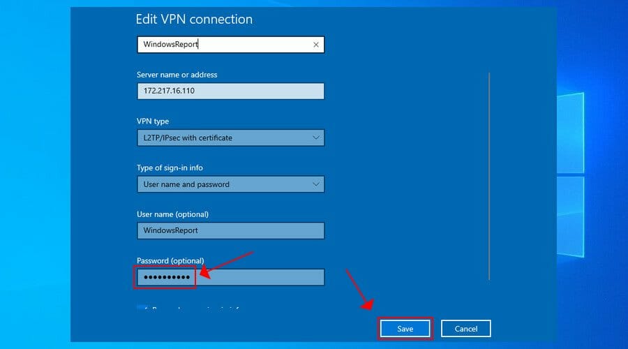 Параметры VPN в Windows 10 — окно редактирования пароля