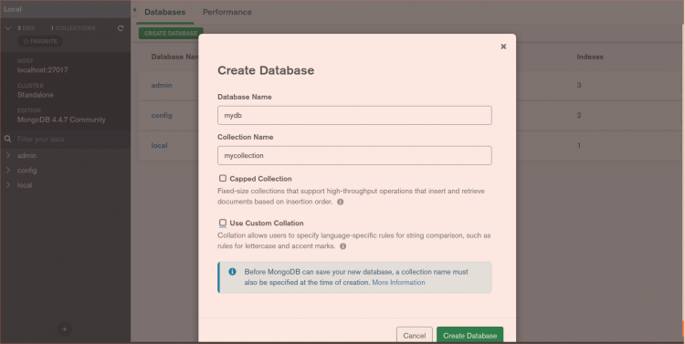 Создание новой базы данных в MongoDB Compass
