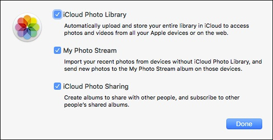 Окно параметров iCloud Photo Library