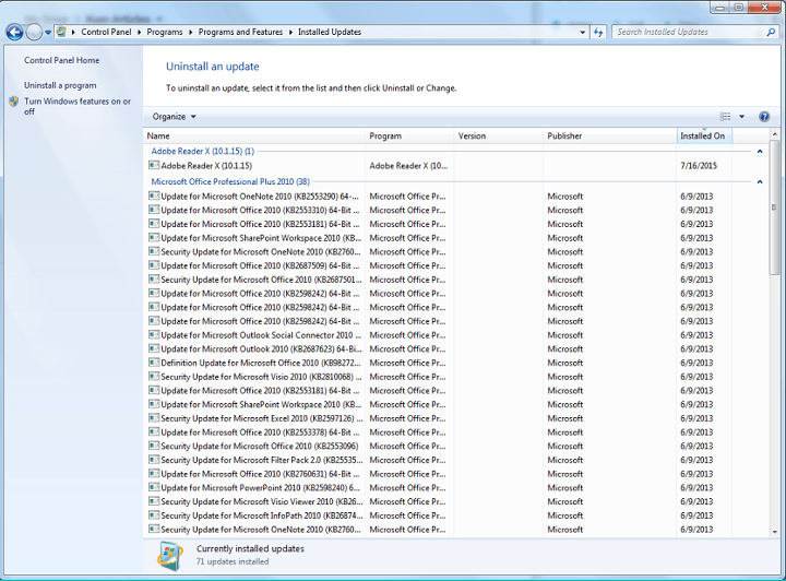Список установленных обновлений в Панели управления
