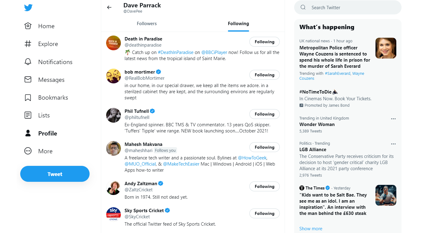 Список подписок Twitter