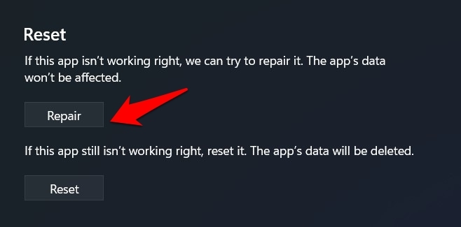 восстановление приложения Windows 11