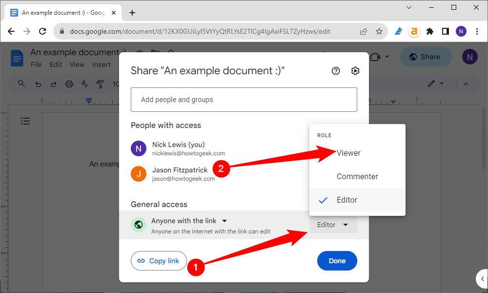 Нажмите выпадающее меню в разделе общего доступа по ссылке и выберите 