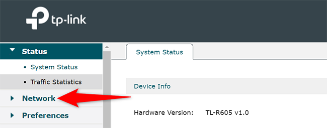 Выбор «Сеть» в меню роутера