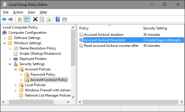 Отображение трёх параметров политики блокировки учётной записи после изменения порога