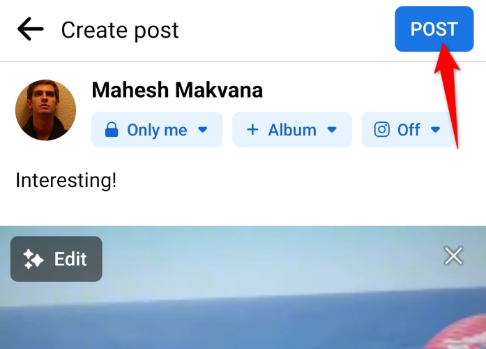 Кнопка «Опубликовать» в приложении Facebook после загрузки видео.