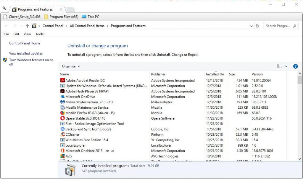 Список программ в Панели управления