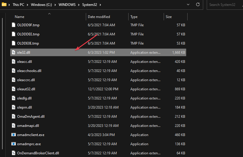 Файл ole32.dll вставлен в C:WindowsSystem32
