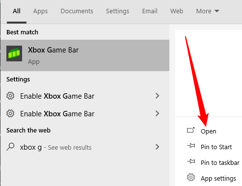 Кнопка 'Open' в результатах поиска Game Bar